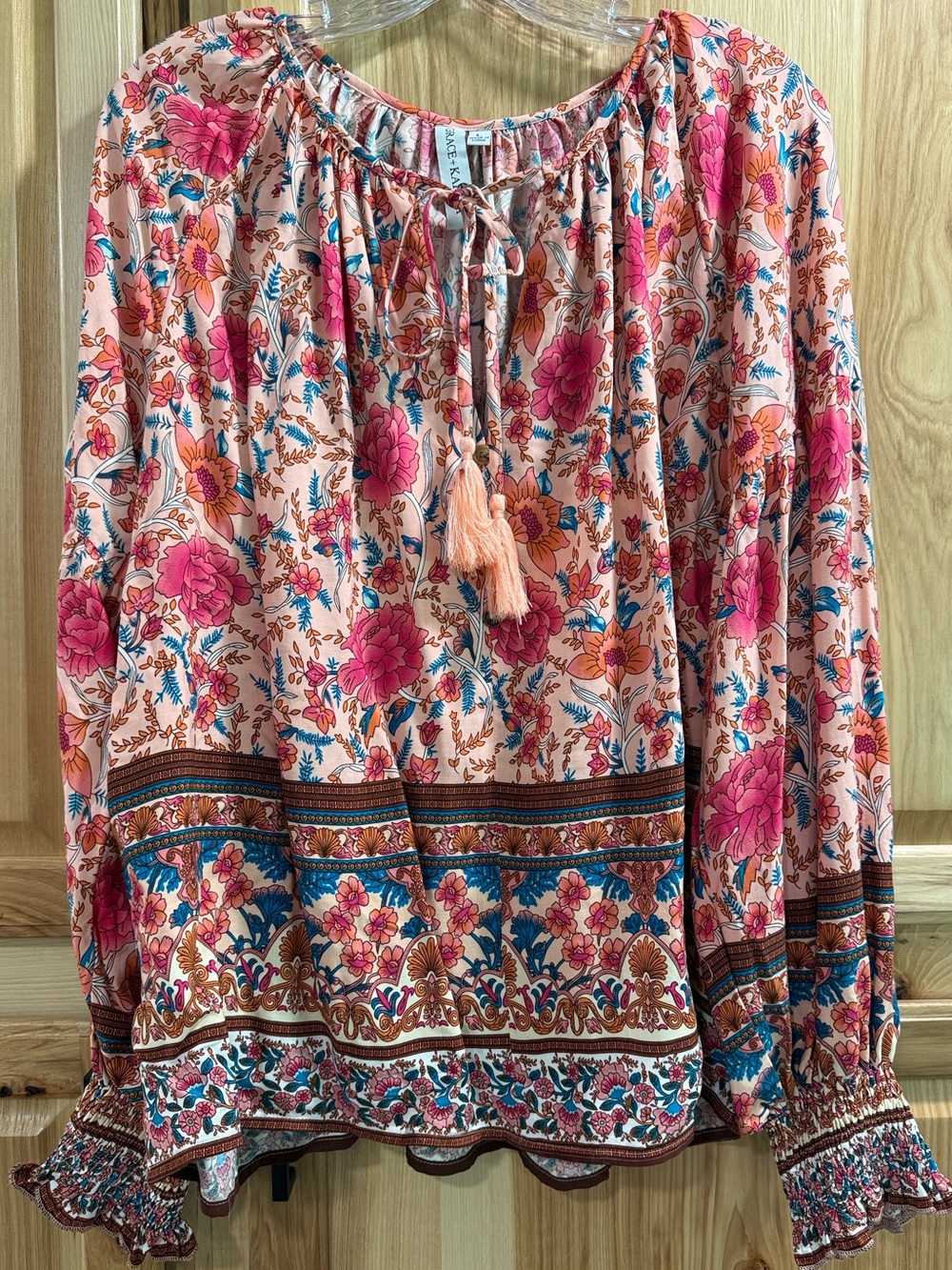 NWT Grace + Karma Size L Boho Peasant Festival Hippie Floral Tassel Tie Blouse